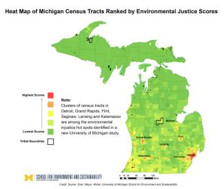 Heat map of Michigan Census tracts ranked by environmental justice scores