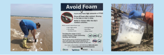 Avoid Foam signage and photo of foam sampling on Lake Huron beach