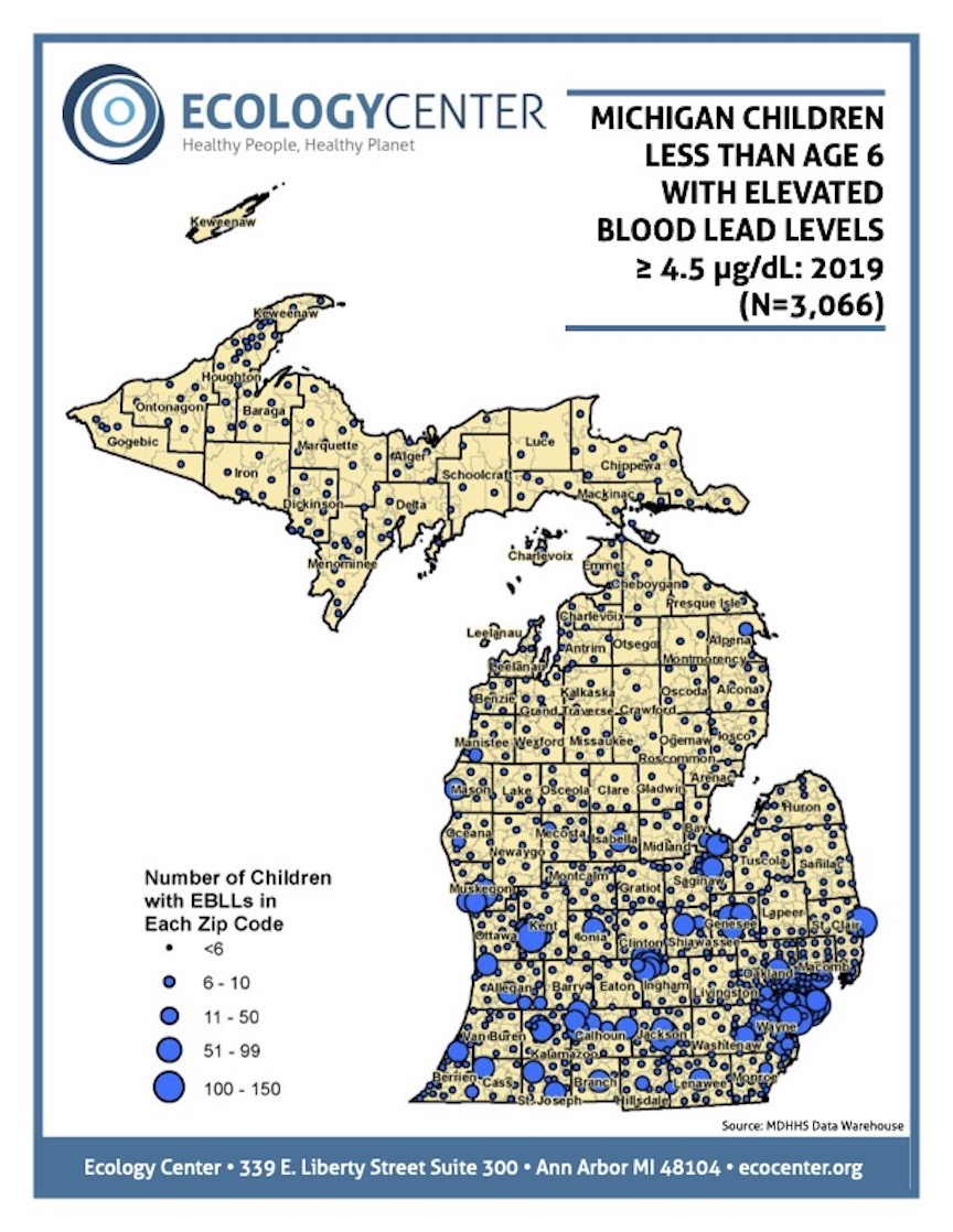 2019 Map of Michigan children under 6 with elevated blood lead levels.