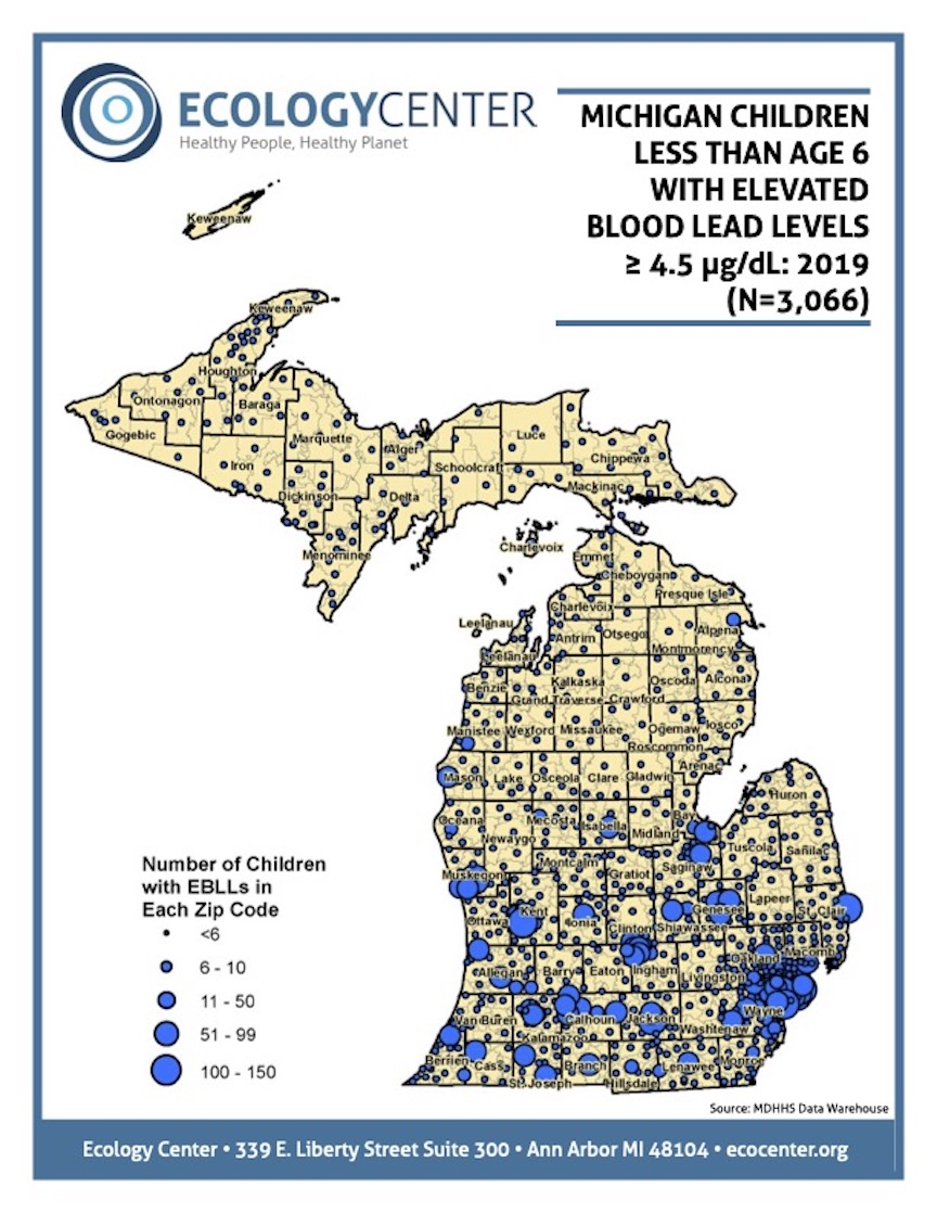 2019 Map of Michigan children under 6 with elevated blood lead levels.