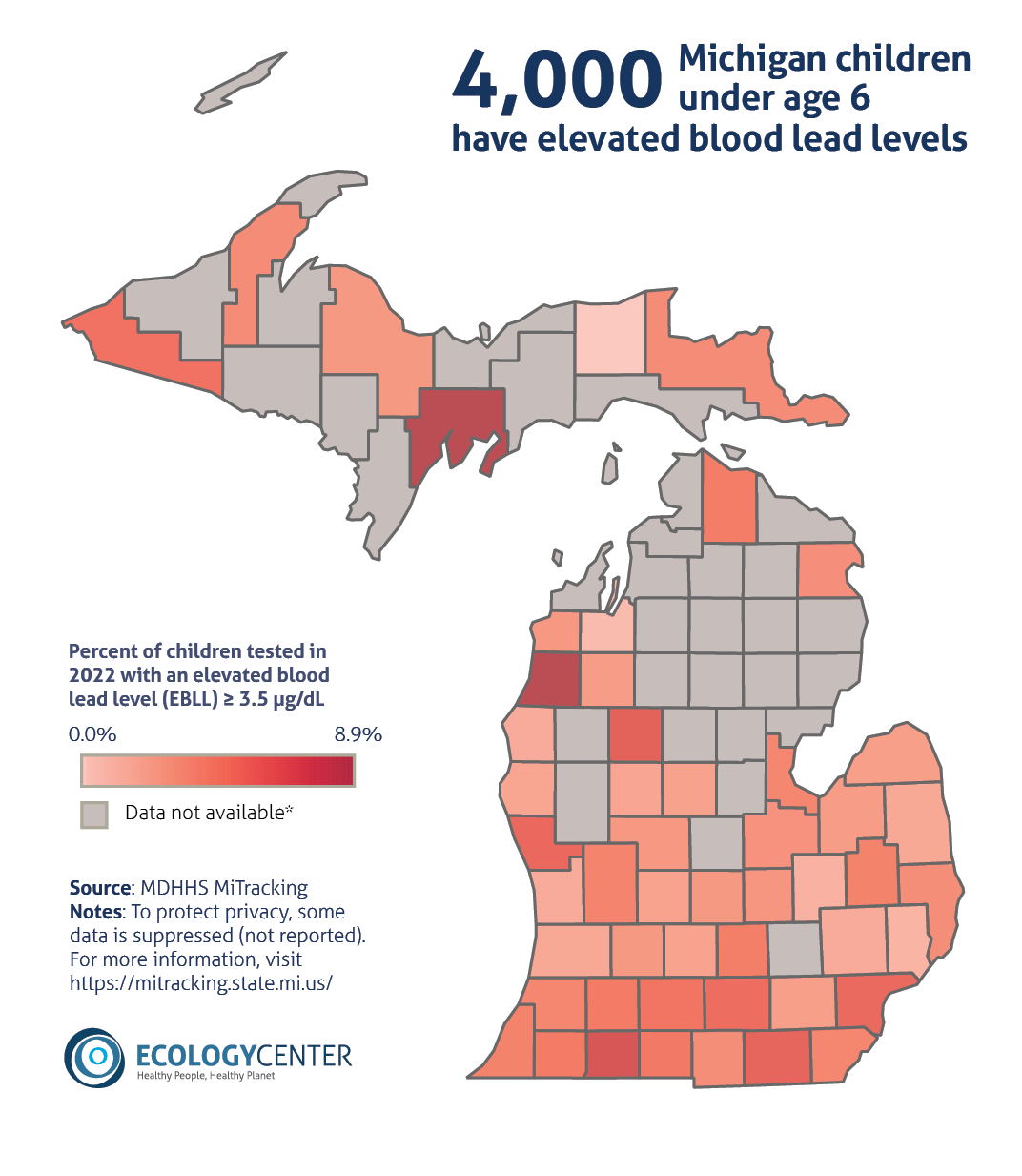 A choropleth map of the percentage of children under 6 who tested positive for elevated blood lead levels.