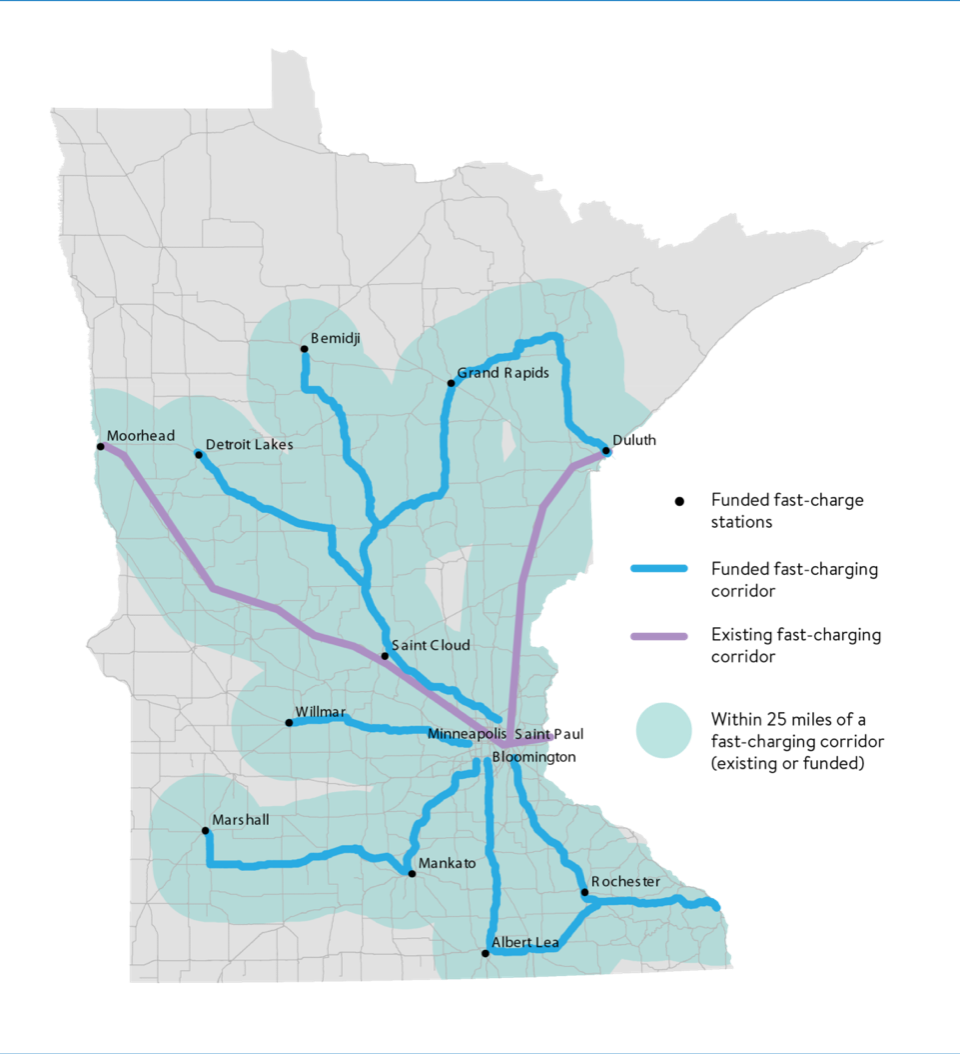 A map provided by the Minnesota Pollution Control Agency shows both the existing electric vehicle charging corridors and the new MPCA-funded corridors.