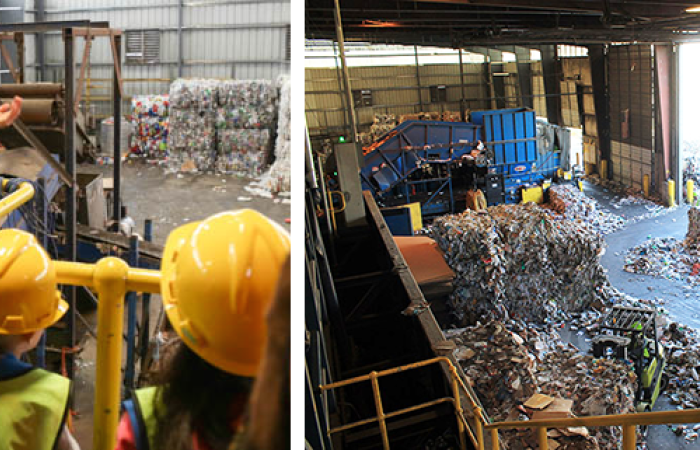 Two images: an adult in a hard hat talks to children in hard hats at the recycling center; the recycling center