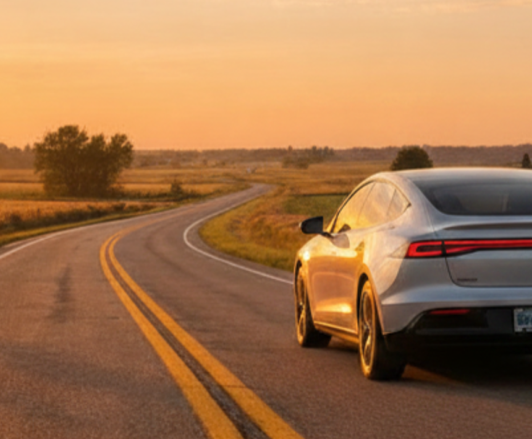 Electric Vehicle driving on rural road