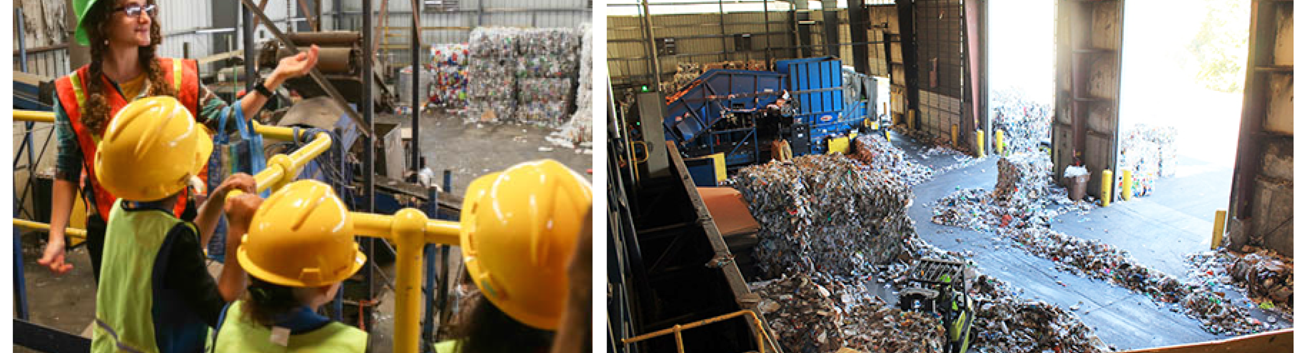 Two images: an adult in a hard hat talks to children in hard hats at the recycling center; the recycling center