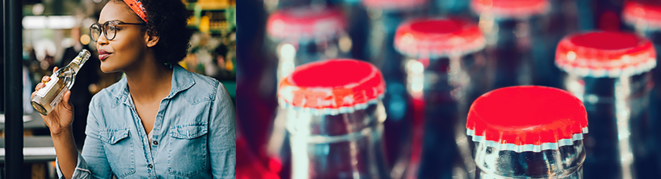 row of bottles with their caps prominently shown, montage with woman drinking from a bottle