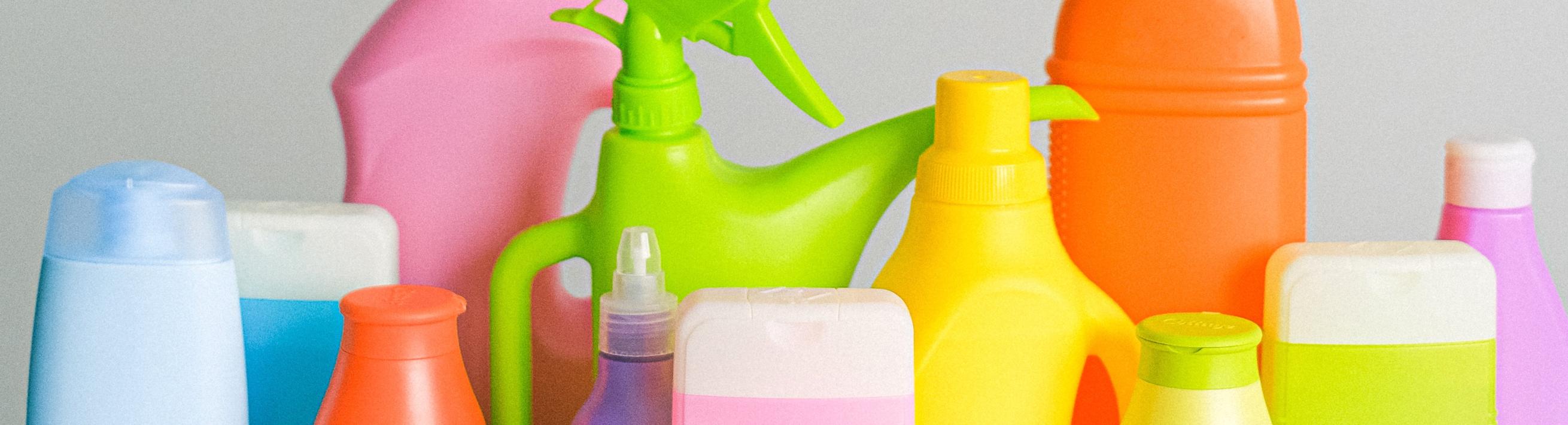 Mult-colored bottles of cleaning products