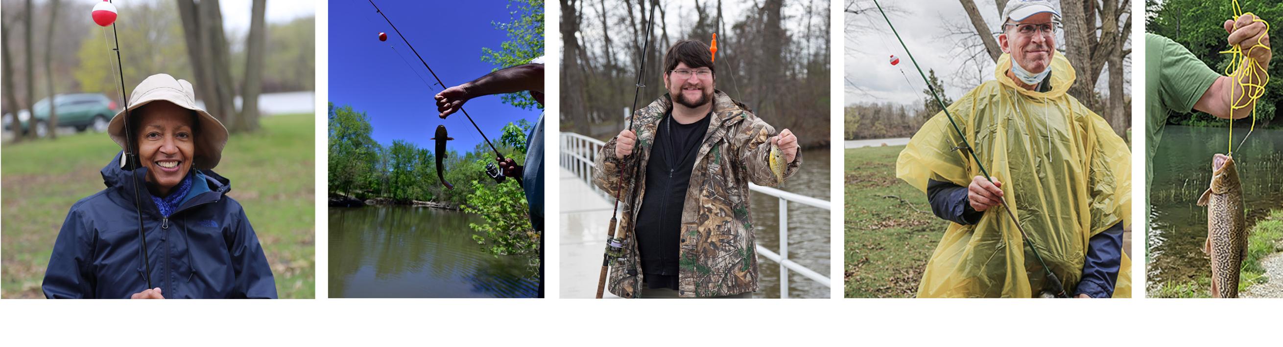 woman holding fishing pole, fish on line, man with caught fish, man with fishing pole