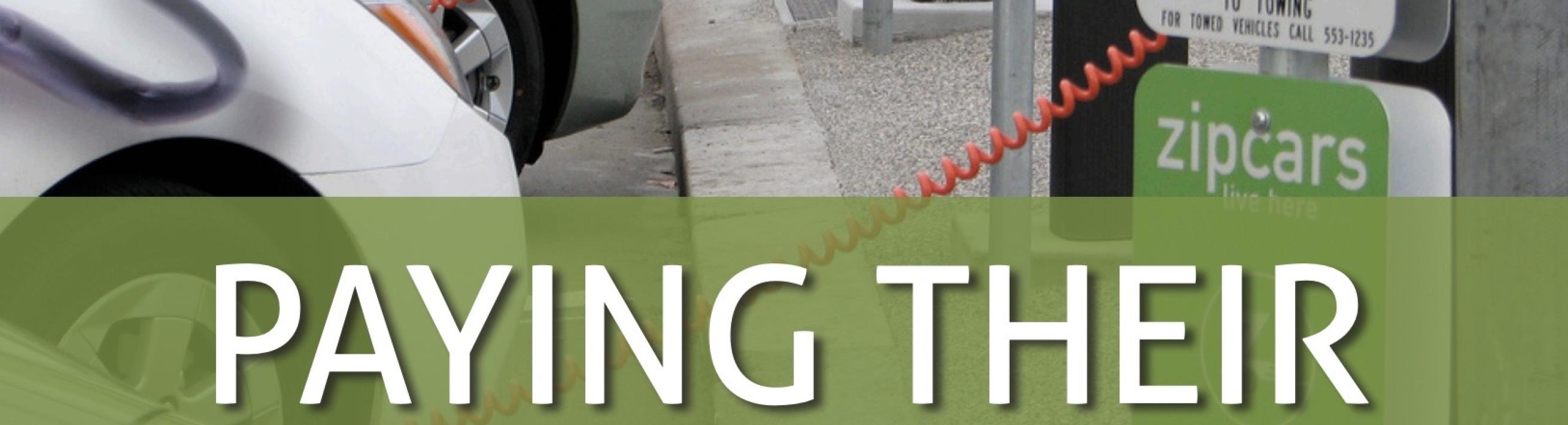 A line of EVs plugged into charging stations are the background for the report's title, Paying Their Fair Share.