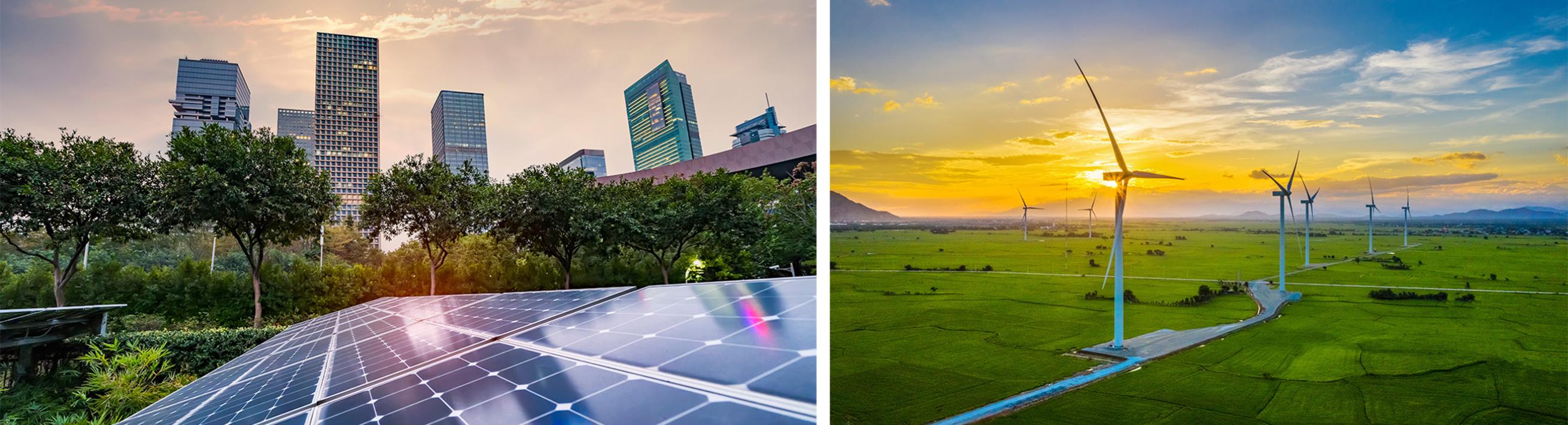 A diptych: the first image features a close-up shot of solar panels on a rooftop set against a backdrop of trees and a city skyline, the second image features wind turbines in a bright grassy field.