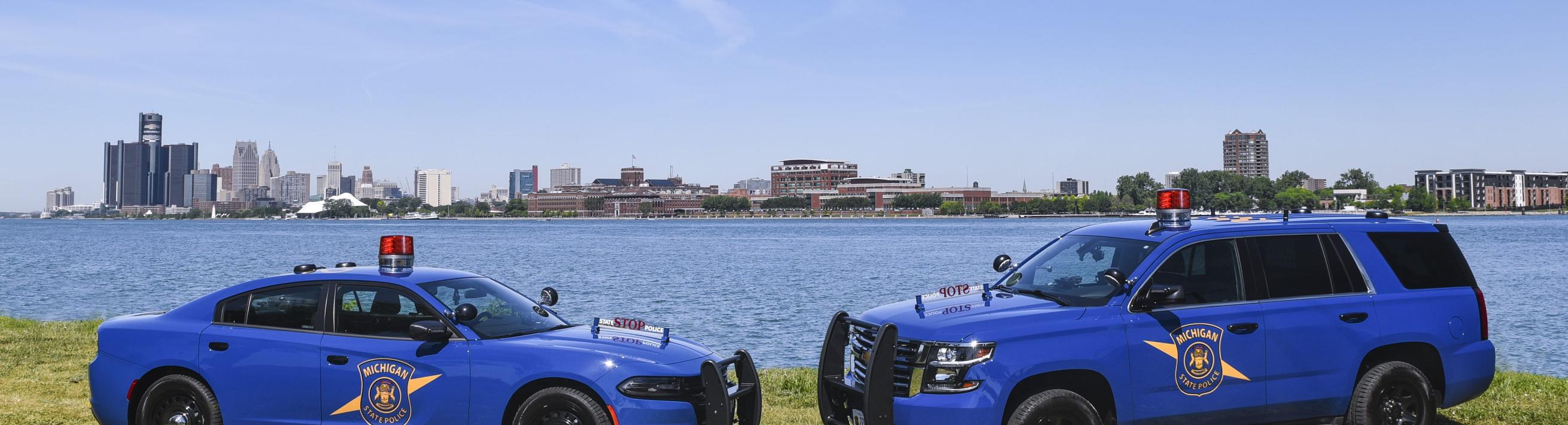 State of Michigan police cars parked on Belle Isle