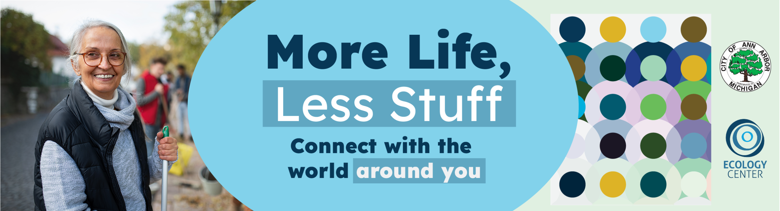 Header image of an old lady with the title "More Life, Less Stuff"