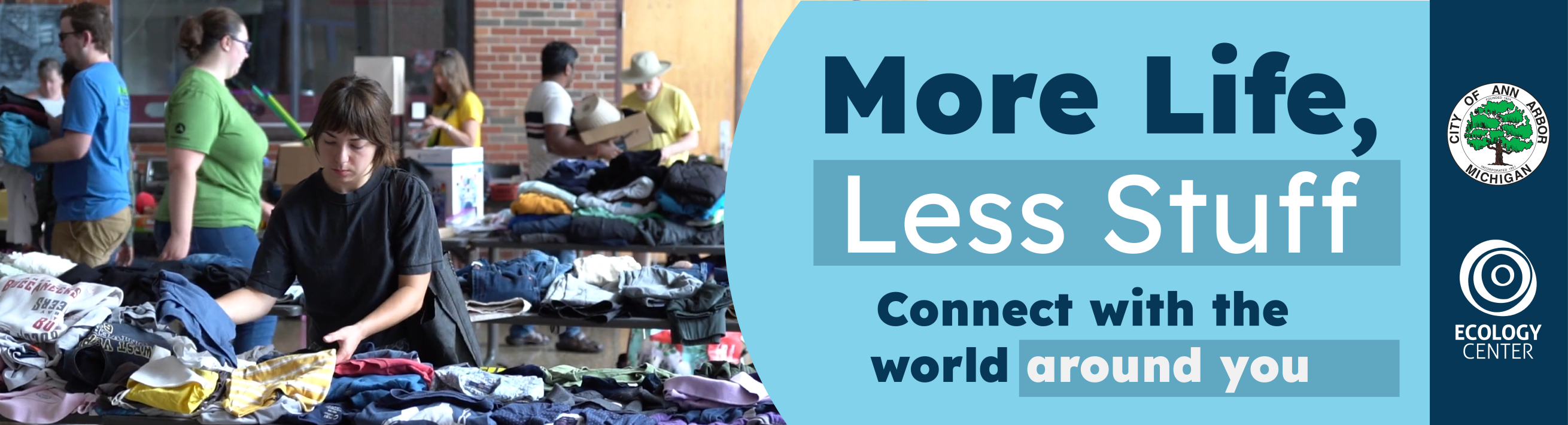 A woman sorting through piles of clothes