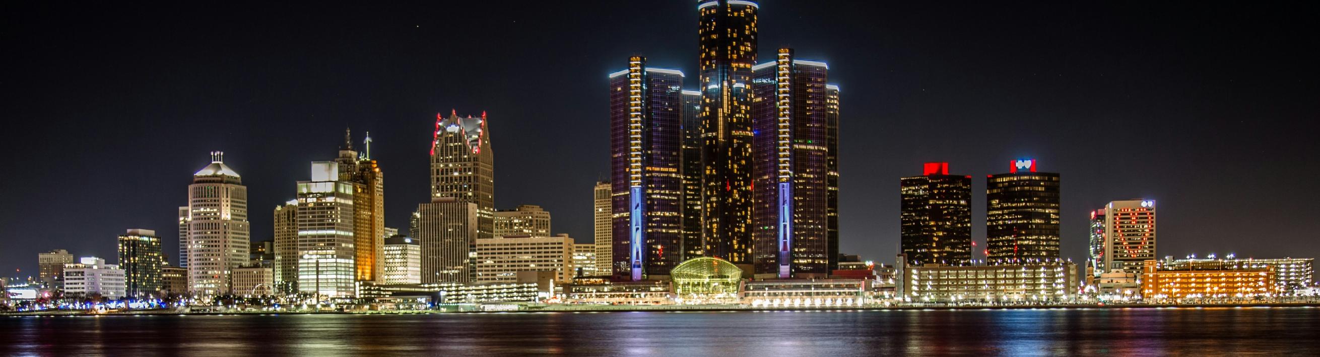 Detroit skyline lit up at night