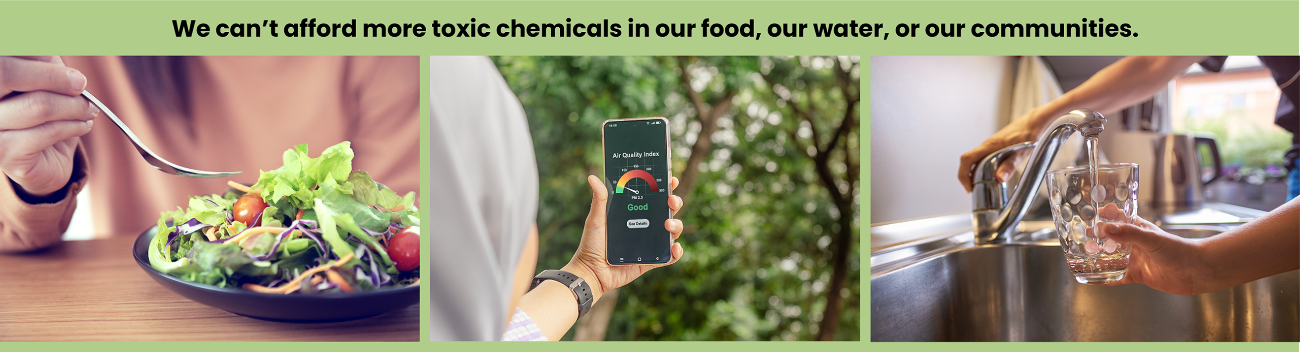 Image of healthy food, clean air phone app and drinking from tap water with caption - we cannot afford more toxic chemicals in our food, air, and water. 