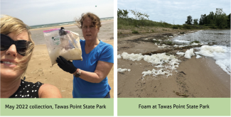 Tawas Point Lake Huron Foam on Beach and two community members sampling the foam
