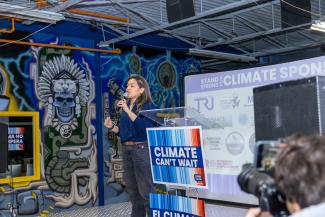 Gabriela Santiago, Detroit City Council Member, speaking at the Climate Can't Wait rally