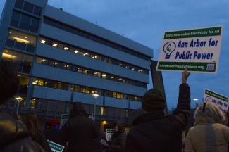Rally outside of Ann Arbor City Hall in February in support of starting the next feasibility study and legal analysis needed to push public power forward