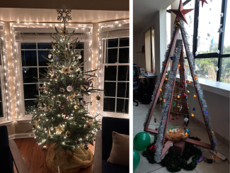 Rachana's Christmas trees; Old tree that her family has used for decades (left) and wooden Christmas tree (right)